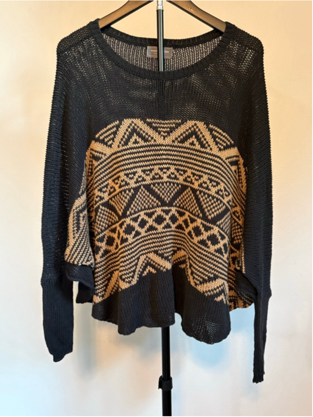 Wooden Ships Black & Tan Geometric Aztec Poncho Sweater S/M EUC High Slits